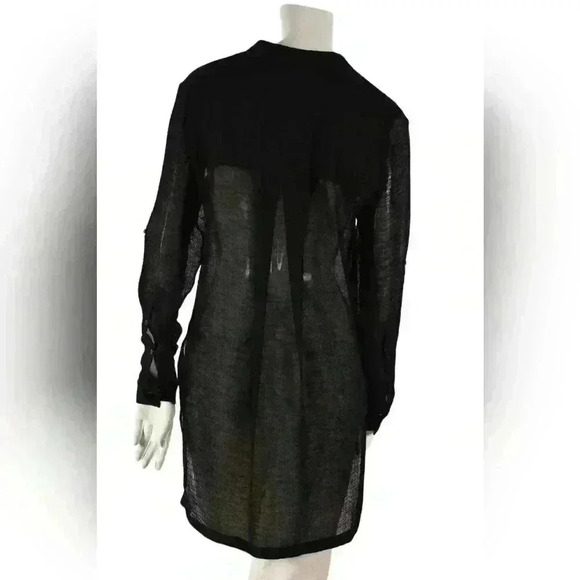 HELMUT LANG Black Sheer Crinkle Rolled 100% Silk Long Top Blouse Small 2/4  USA - Picture 3 of 8